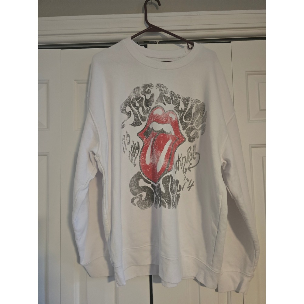 Rolling Stones Graphic Sweatshirt White Distressed Tongue Logo Pullover XL
